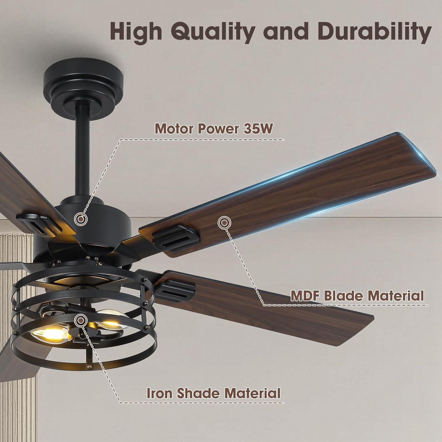 Vaczon 52" Farmhouse Ceiling Fan with Light, Black, 6-Speed, Remote, LED