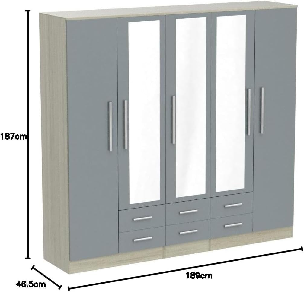 Grey High Gloss 5 Door Wardrobe with Drawers & Full Length Mirrors