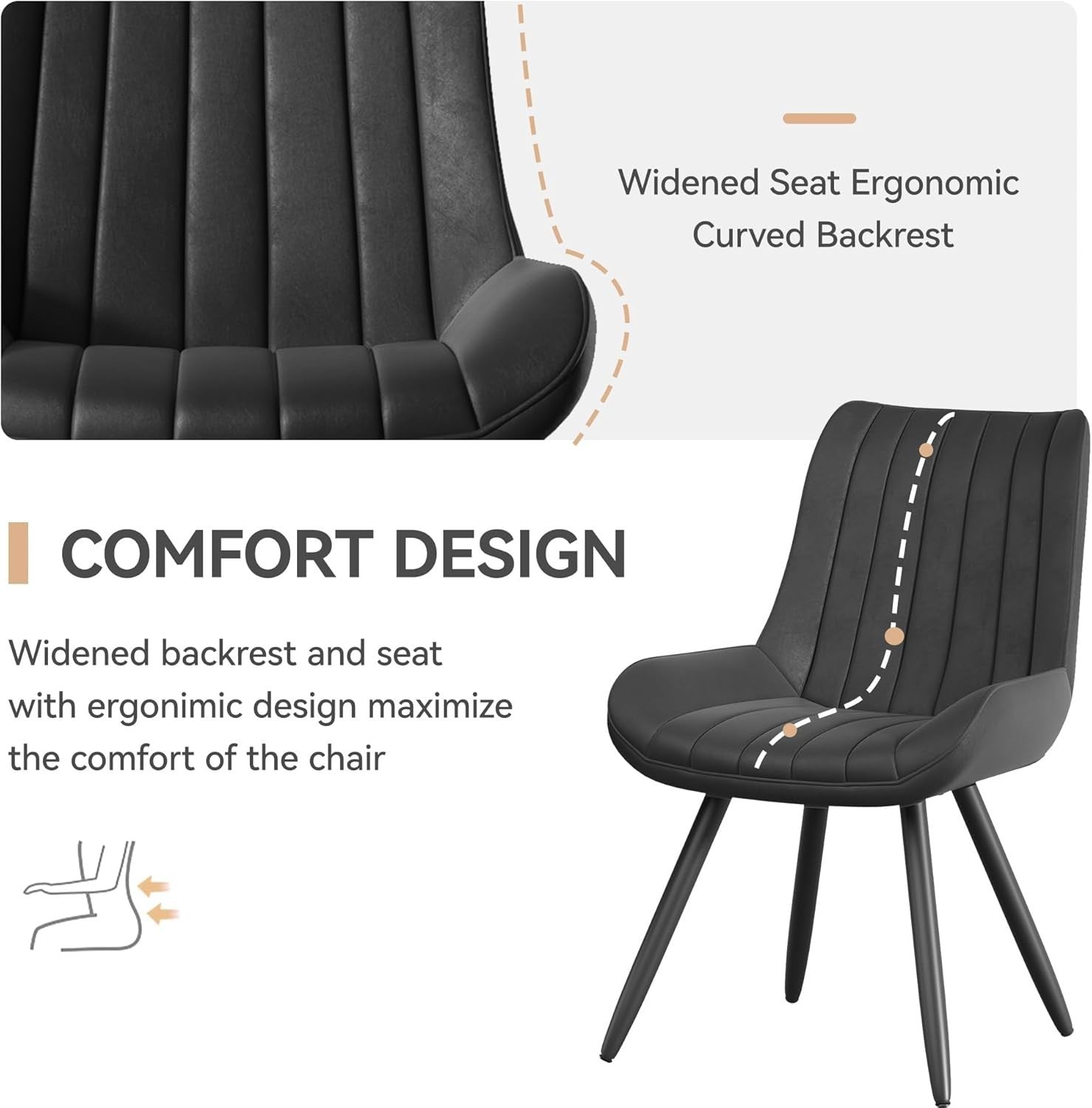 2 Black Upholstered Dining Chairs Modern Padded Seat Metal Legs Kitchen