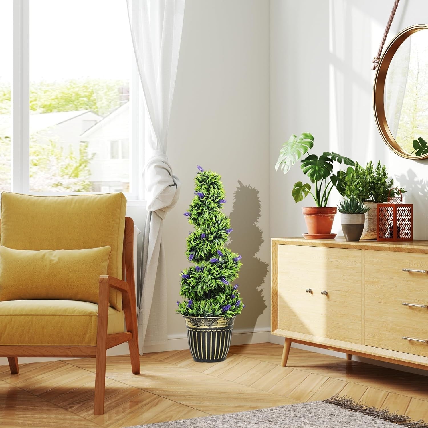 Set of 2 90cm Spiral Boxwood Topiary Trees with Lavender Faux Plants Home Decor