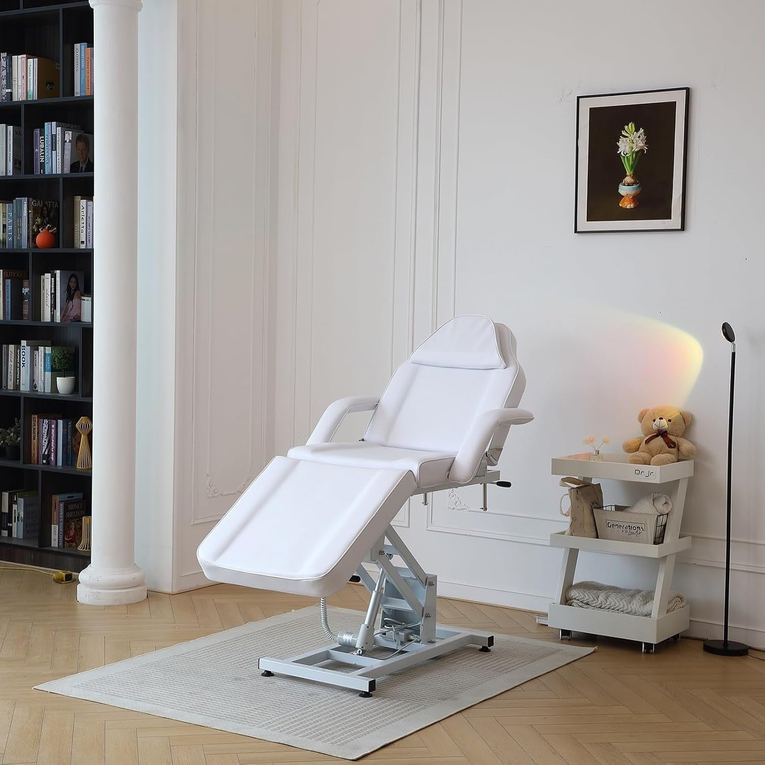 Electric 3-Section Beauty Massage Bed w/ Head Cushion & Swivel Stool White