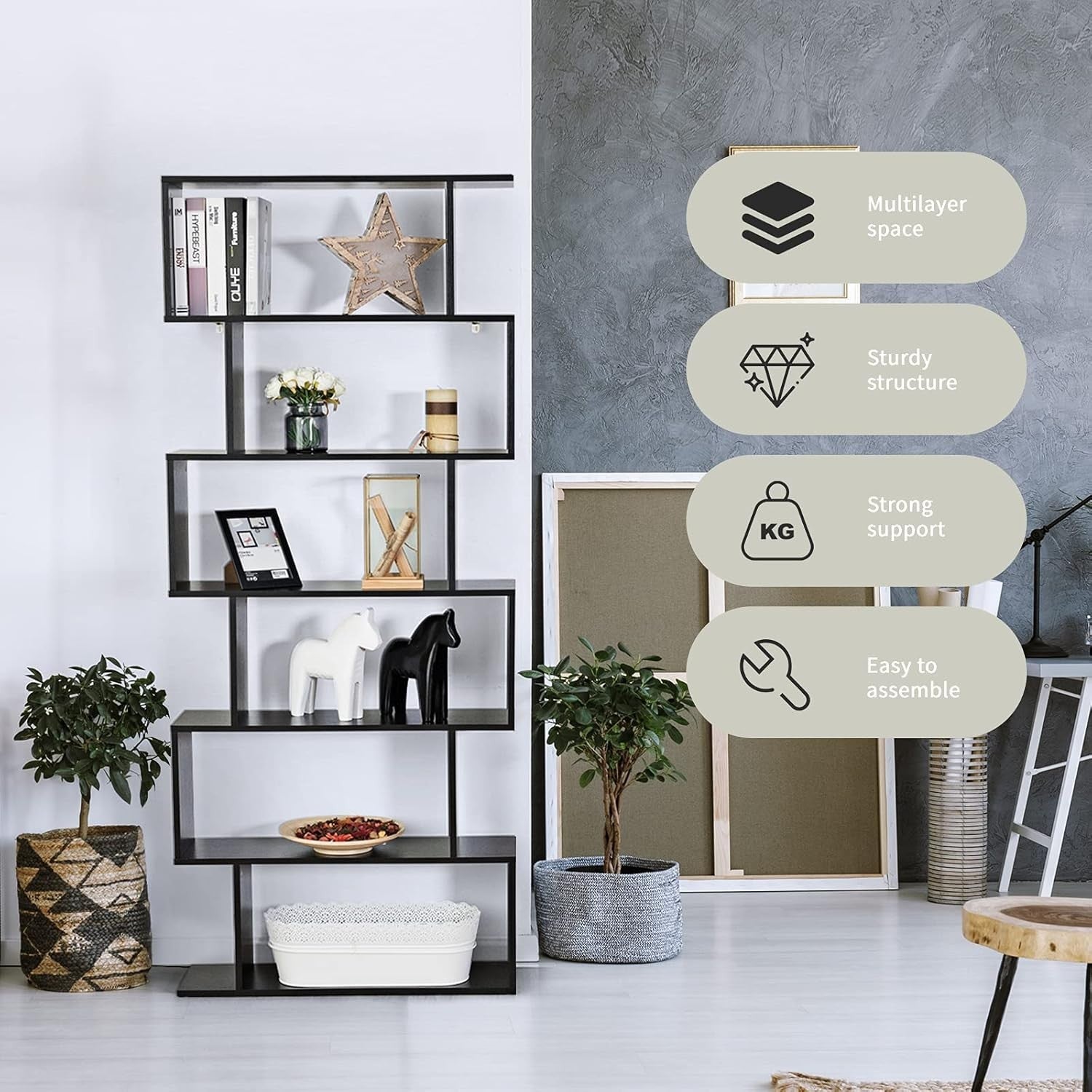 S Shaped 6 Tier Wooden Bookcase Freestanding Display Storage Shelf Black