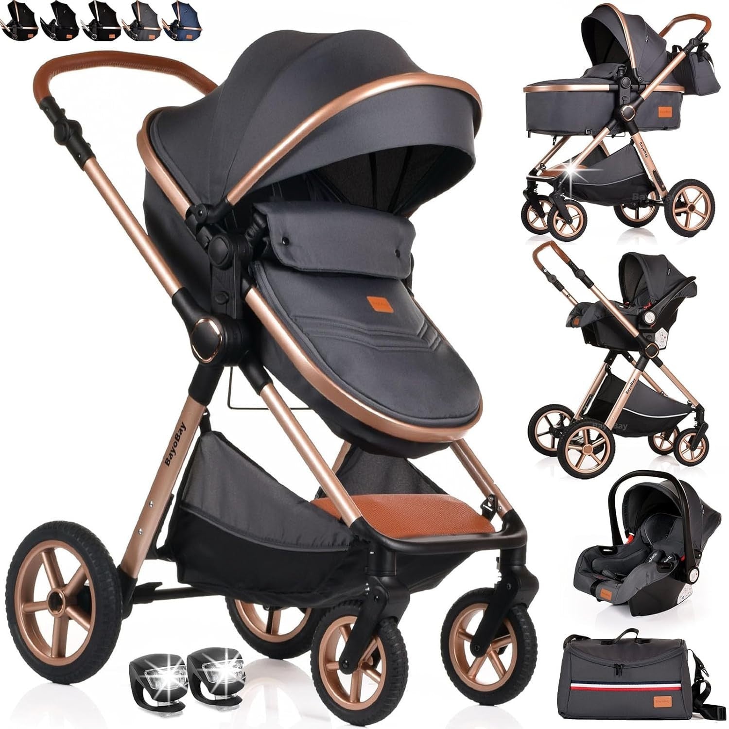 3in1 Baby Pram Travel System Pushchair with Car Seat Foldable Grey Gold