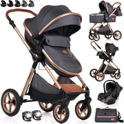 3in1 Baby Pram Travel System Pushchair with Car Seat Foldable Grey Gold
