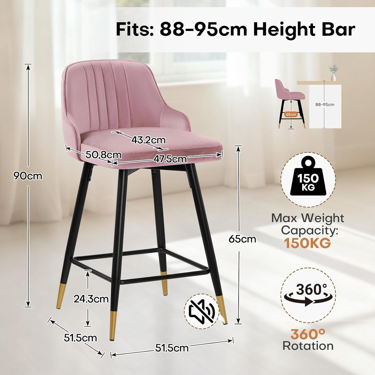 Pink Velvet Swivel Bar Stools Set of 2 – Modern Kitchen Counter Chairs