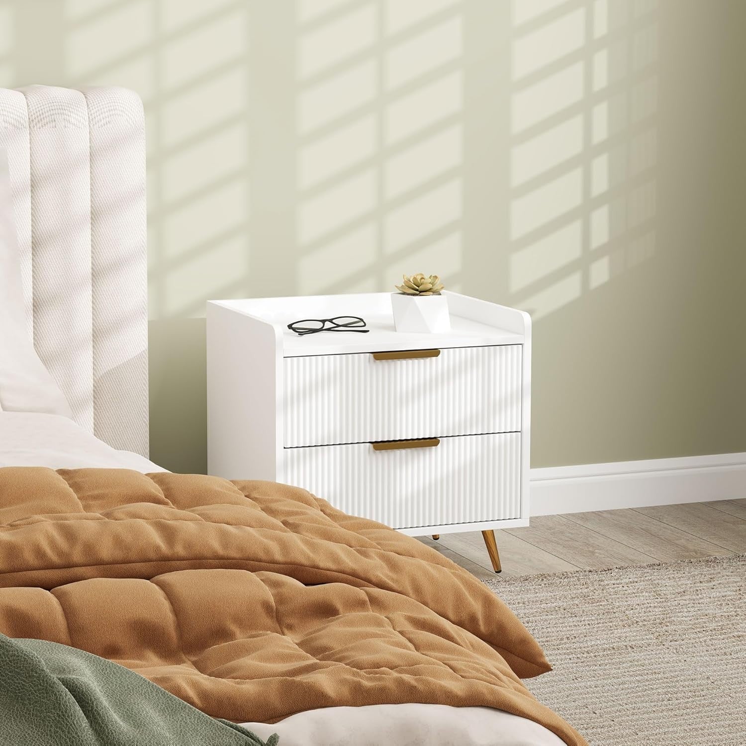 Modern White Bedside Table with 2 Drawers & Gold Metal Legs | Elegant Nightstand