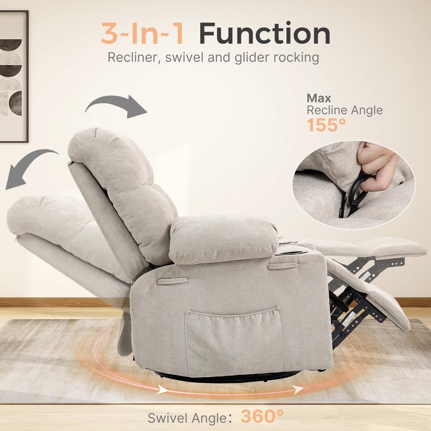 Recliner Chair Massage Heat Swivel Rocking Manual Footrest Cup Holders Beige
