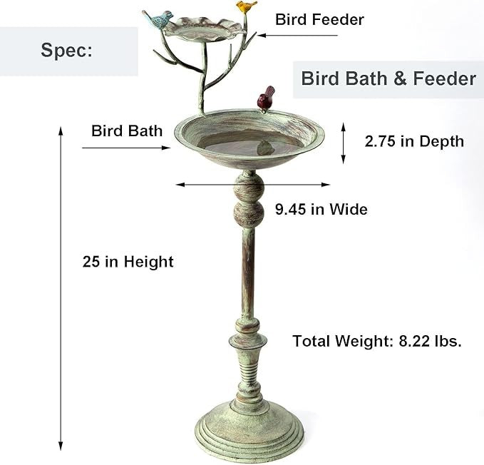 25" Iron Bird Bath & Feeder Stand – Distressed Green Outdoor Garden Décor