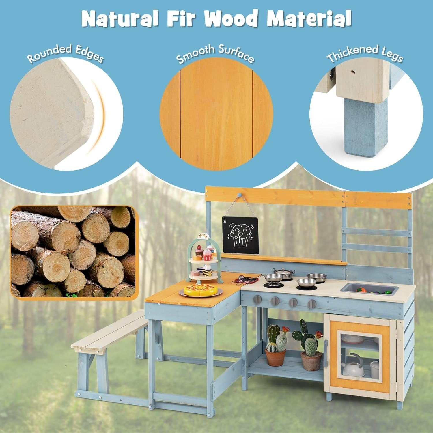 Outdoor Mud Kitchen Kids Playset w/ Picnic Table Dessert Toys