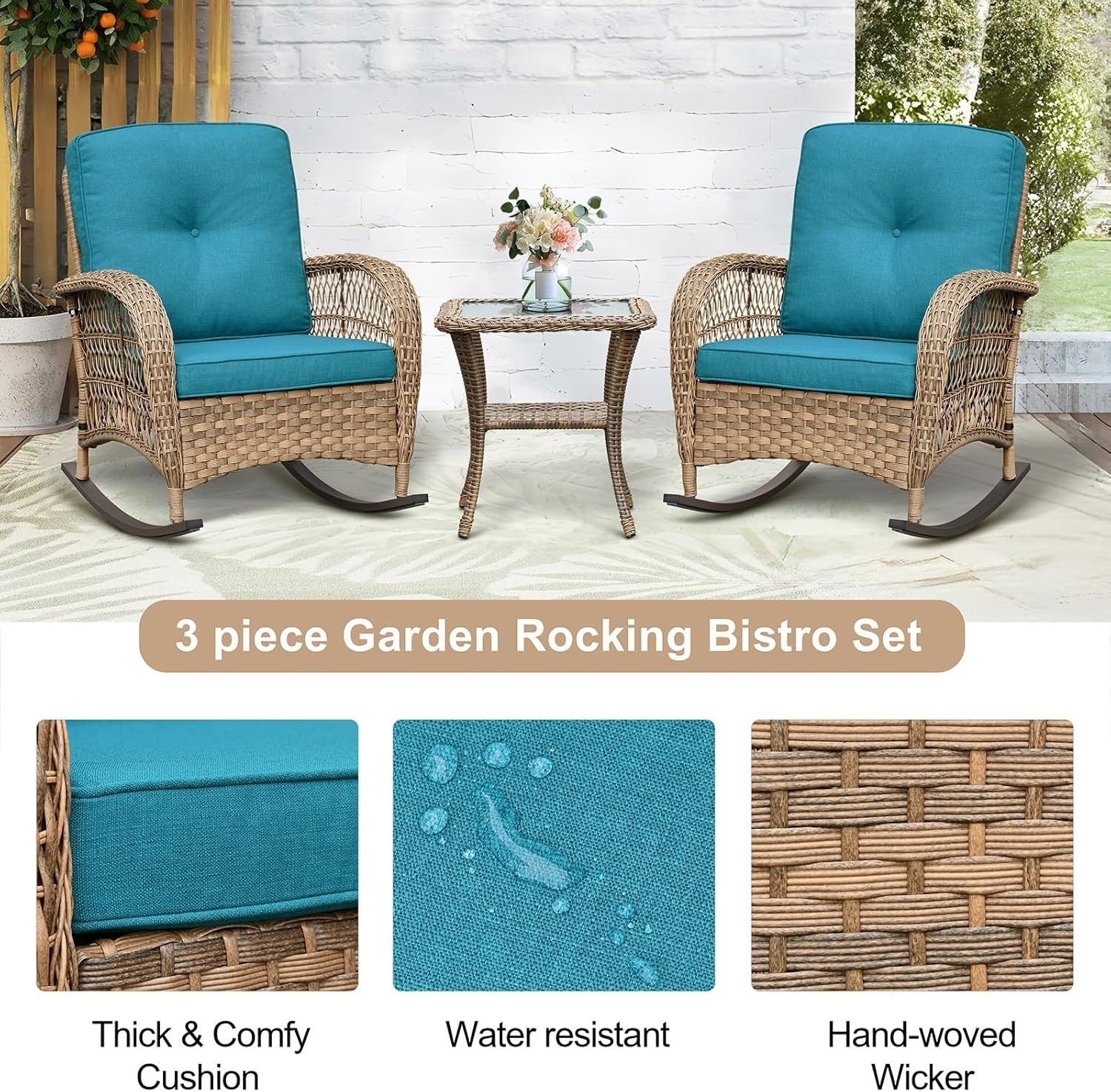 Rocking Rattan Bistro Set for 2 Outdoor Chairs Cushions Glass Table