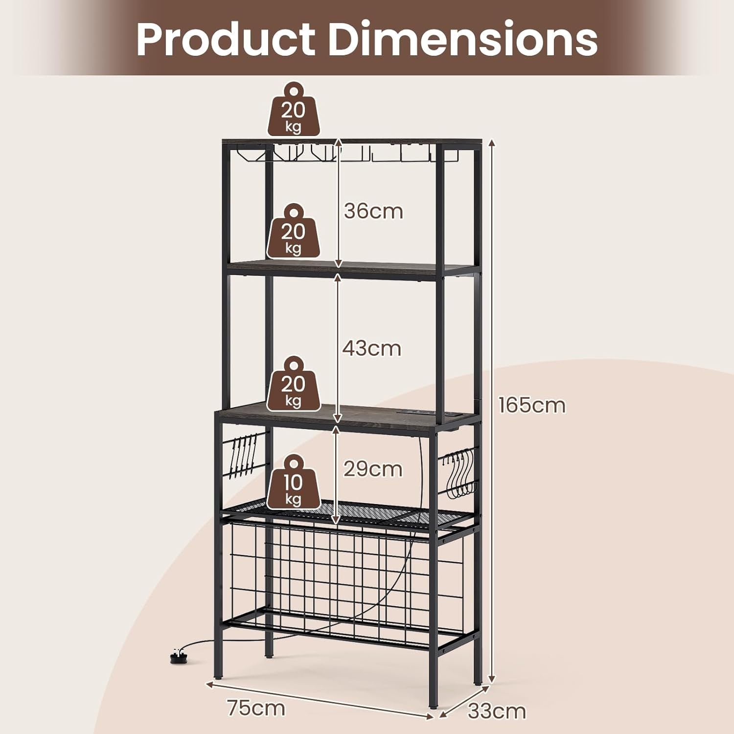 4 Tier Wine Rack Bar Cabinet with Power Outlets, 24 Bottle Storage