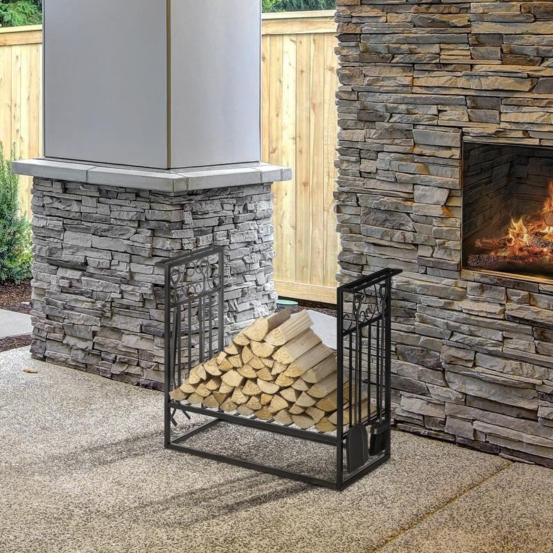 Steel Firewood Rack with Tools – Indoor/Outdoor Log Storage Stand
