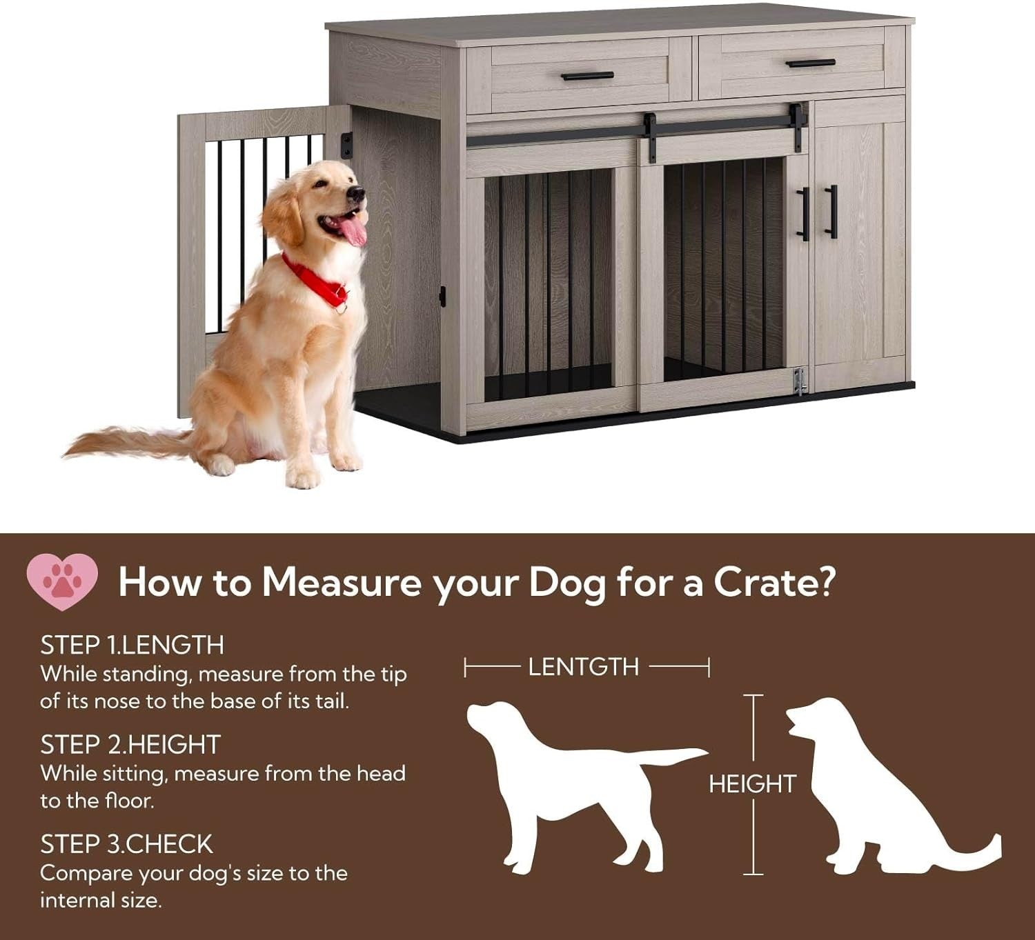 Large Indoor Wooden Dog Crate with Dual Sliding Doors, Storage & Lock