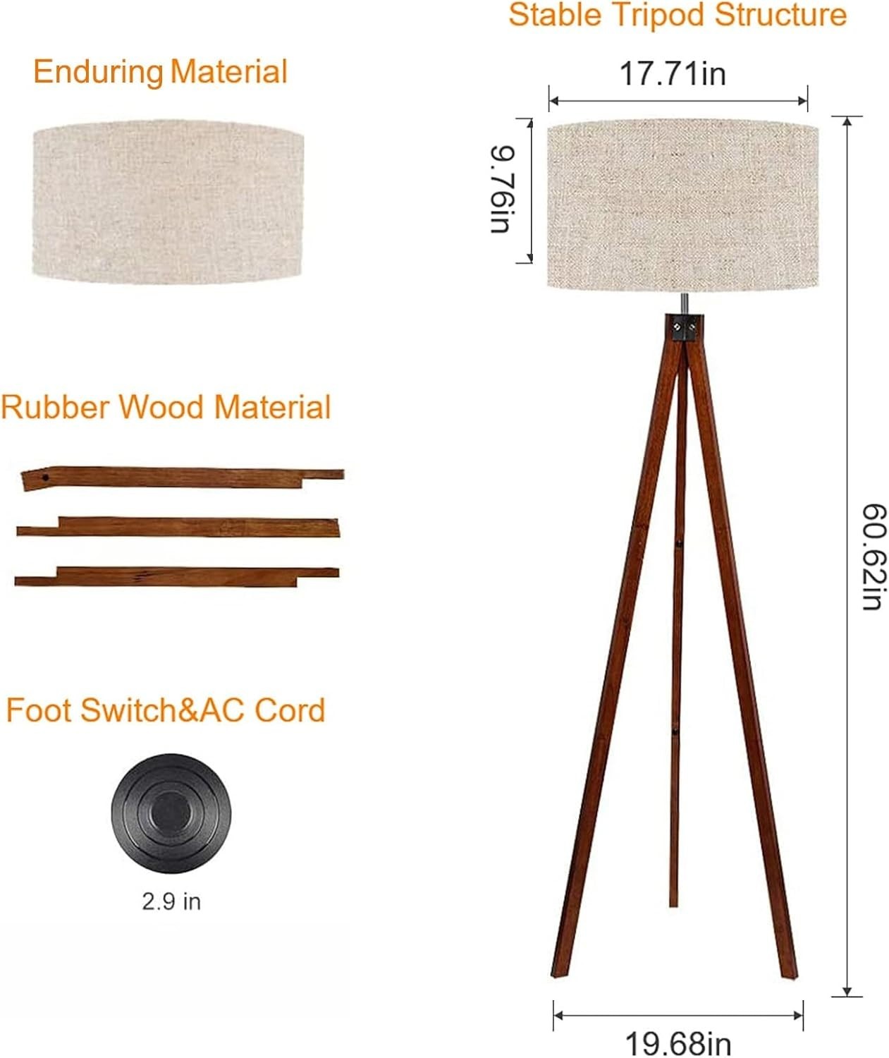 Modern Tripod Floor Lamp Brown E27 Wood Legs, Flax Shade Home Office