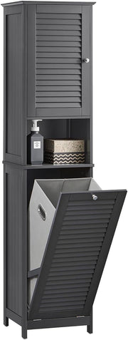 Tall Bathroom Storage Cabinet with Laundry Basket Slim Freestanding Unit Grey