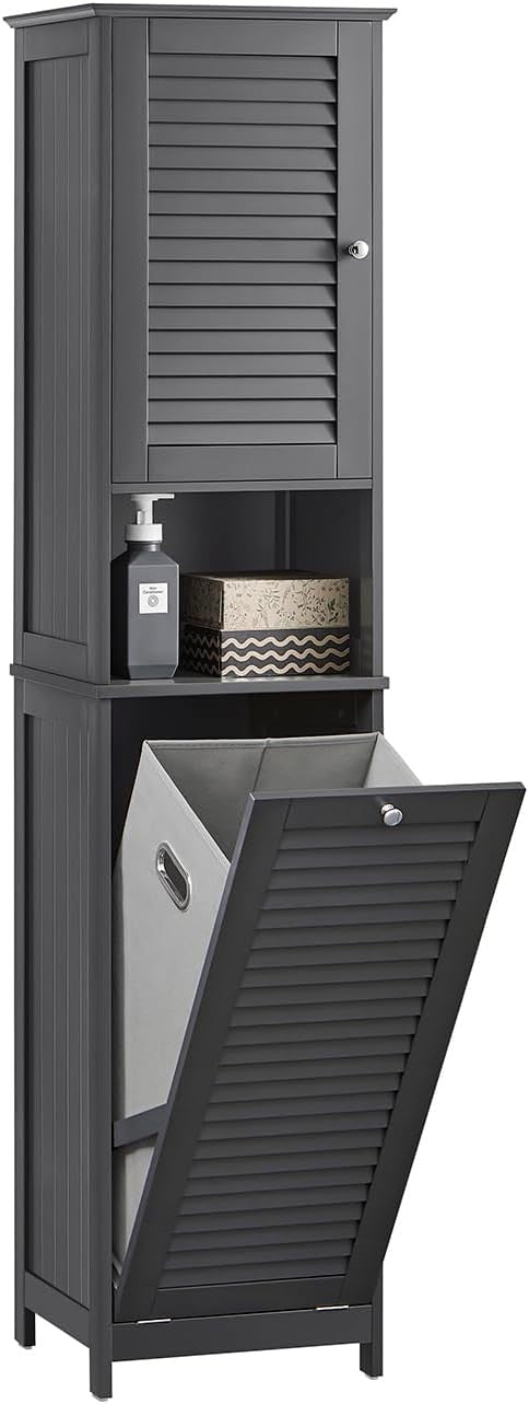 Tall Bathroom Storage Cabinet with Laundry Basket Slim Freestanding Unit Grey