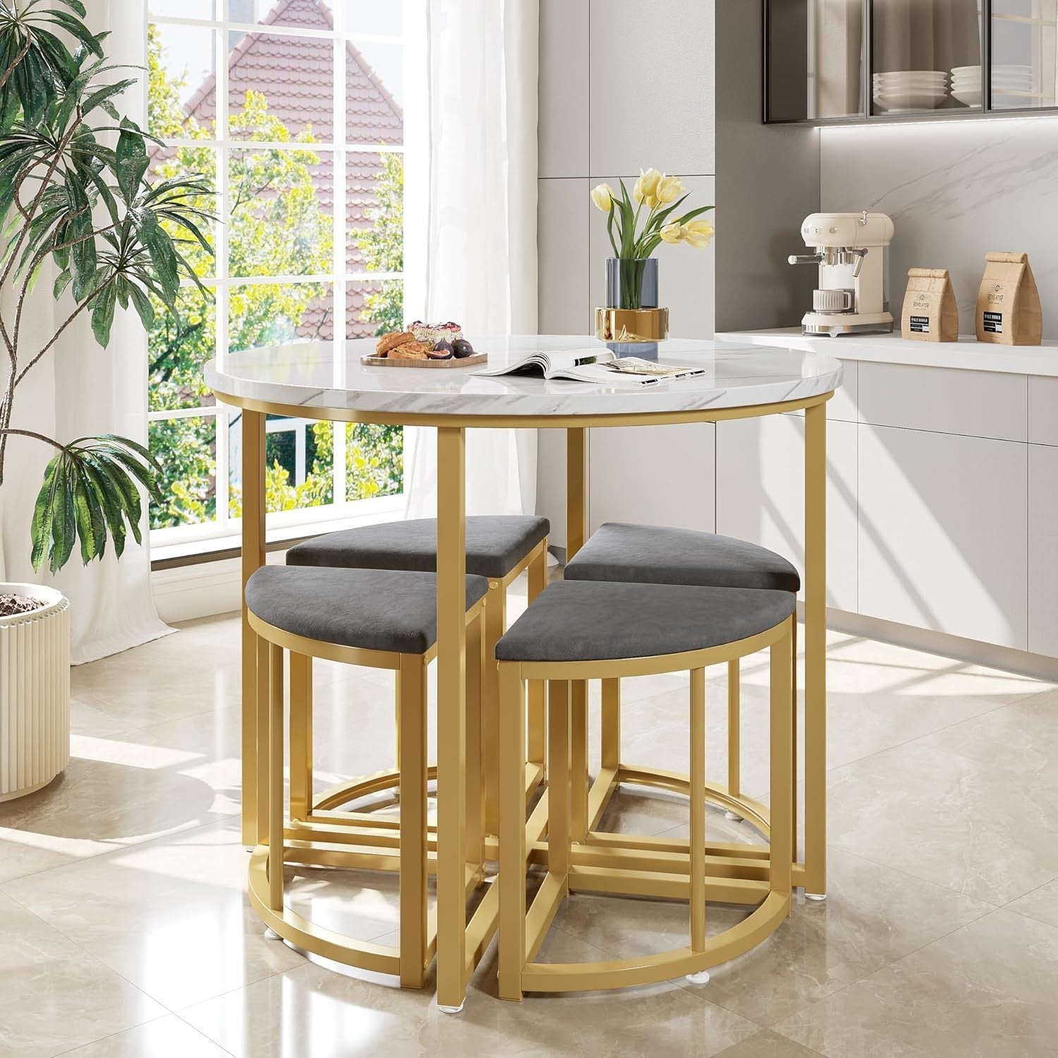 Round Marble Dining Table Set 4 Semi-Circular Stools Space-Saving Chairs