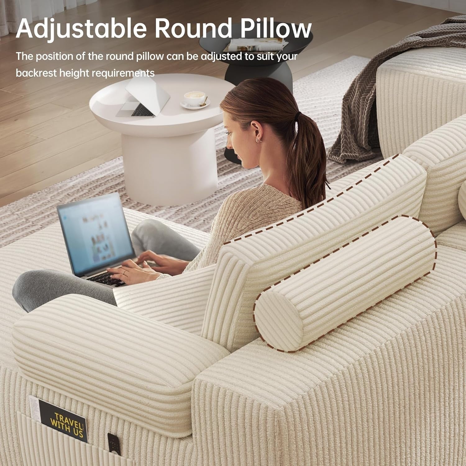 Modular U-Shaped Corduroy Sofa Bed with Memory Foam & Storage Pocket
