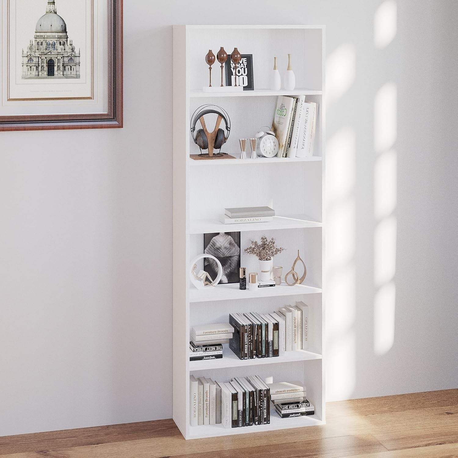 6-Tier Tall White Bookcase Large Wooden Storage Shelf Unit Modern Home Display