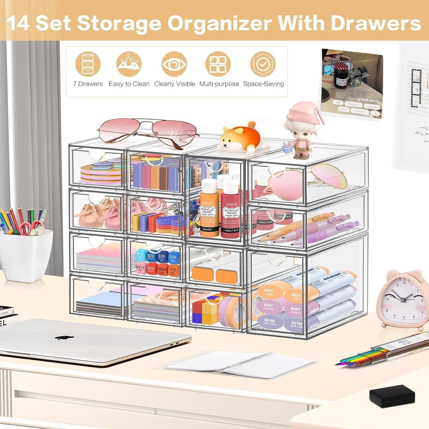 14-Drawer Acrylic Desk Organizer Stackable Storage for Makeup & Office