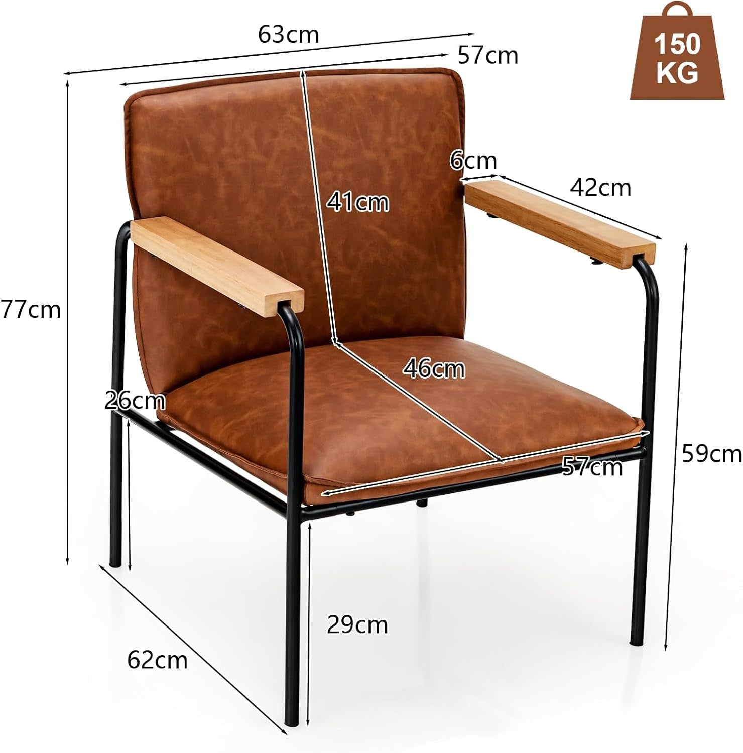 Camel PU Leather Accent Chair Lounge Armchair Wood Arms