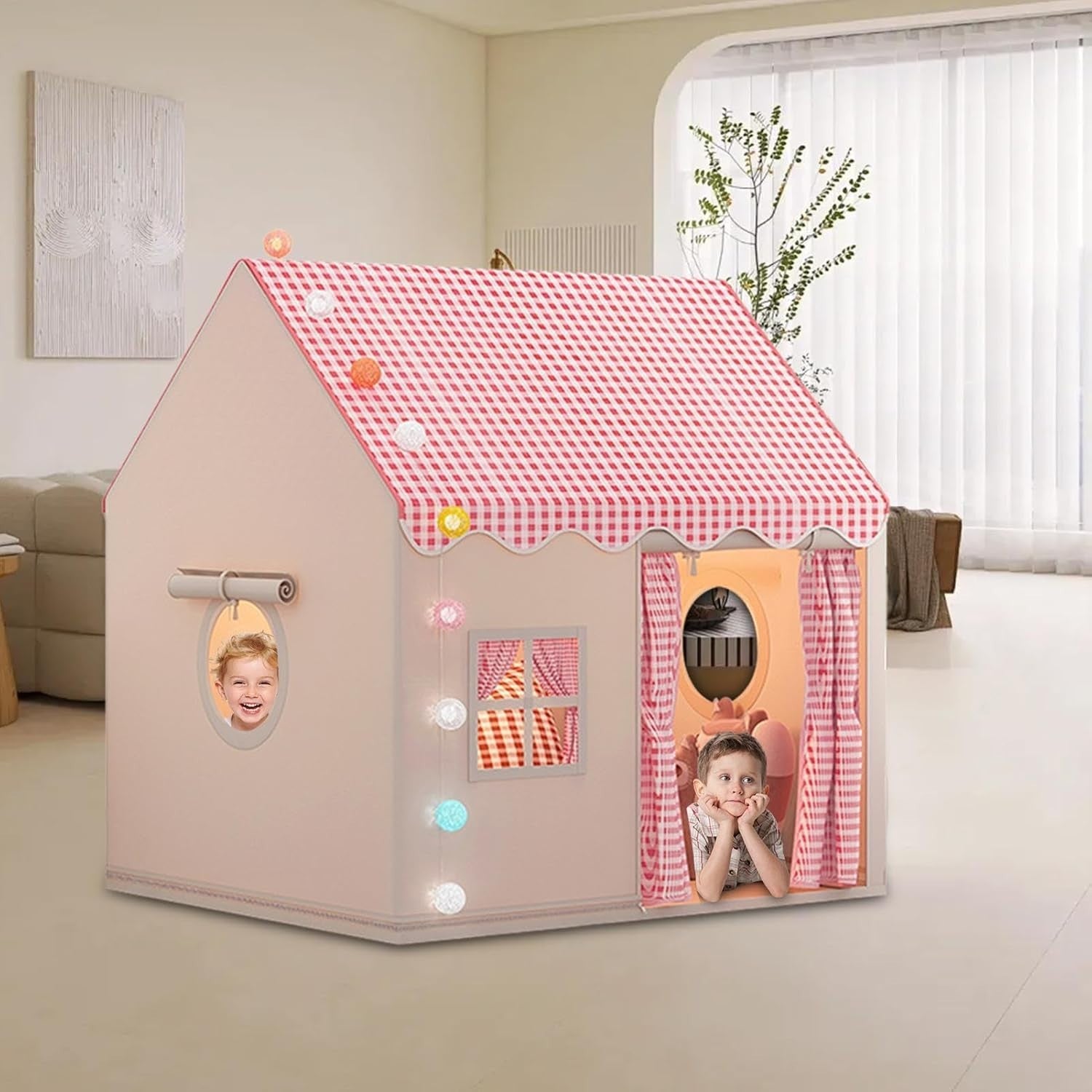Large Kids Indoor Play Tent w Lights Mat Window Toddler Playhouse