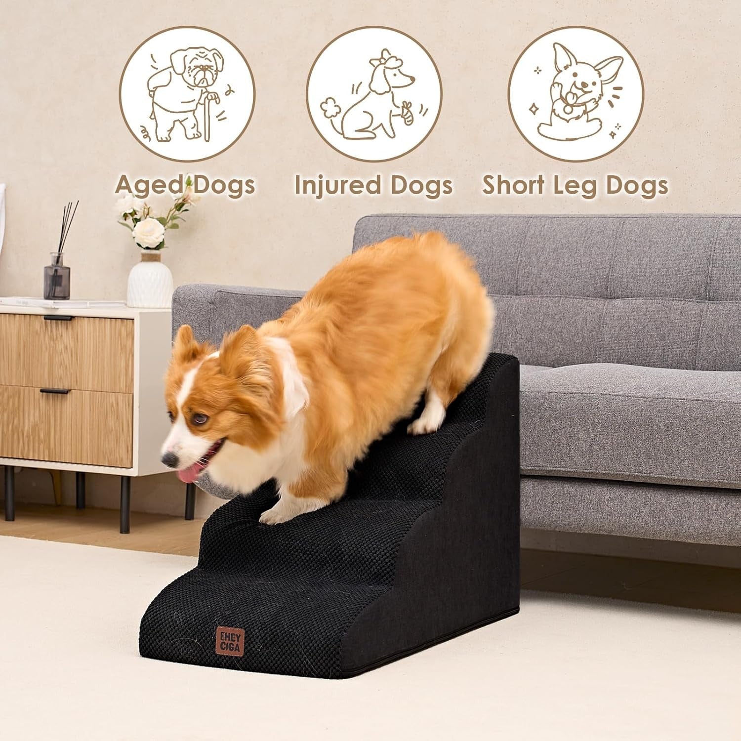 4 Step Dog Stairs for High Bed Non Slip Foam Pet Steps Washable Black