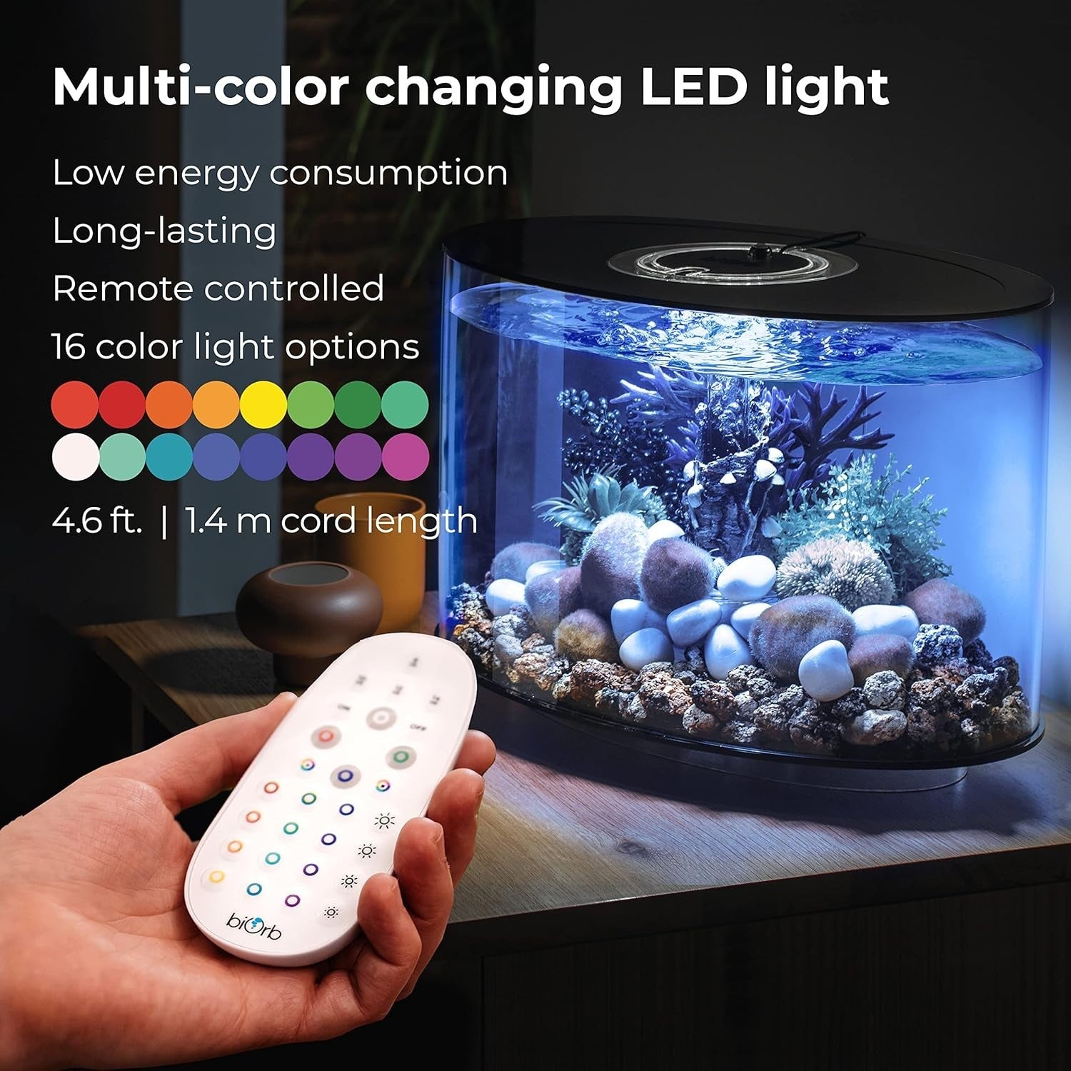 15L Black Acrylic Oval Aquarium with Remote LED Lights & 5-Step Filter