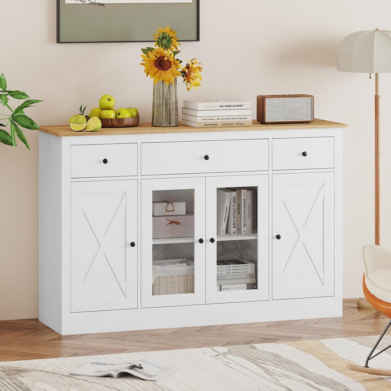 140cm White Buffet Sideboard Cabinet 3 Drawers 2 Glass Doors Adjustable Shelves