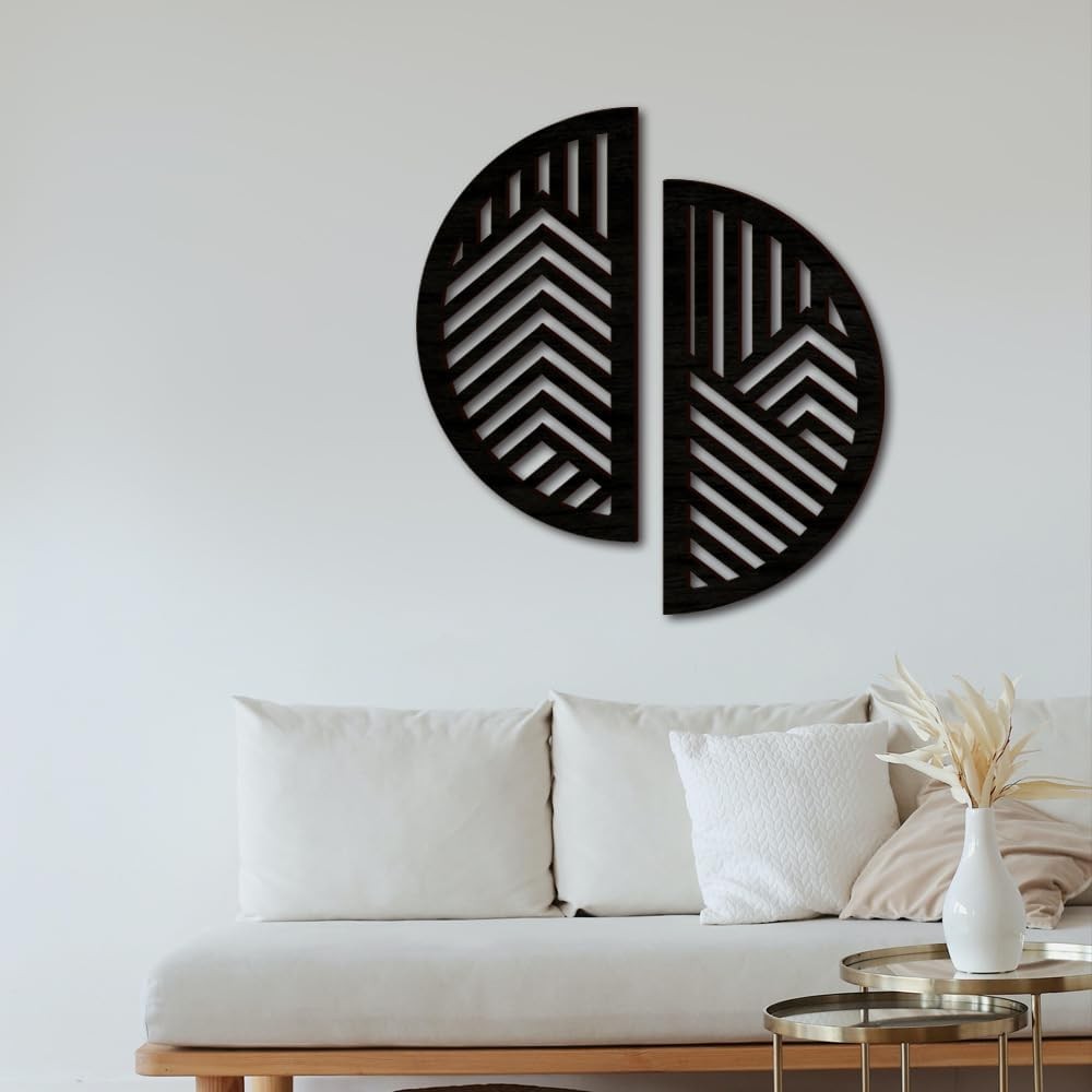 Geometric Black Wood Wall Art Hollow Semi-Circle Panels Modern