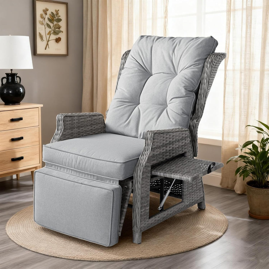 Rattan Recliner Chair Adjustable Sun Lounger with Cushions & Flip Side Table