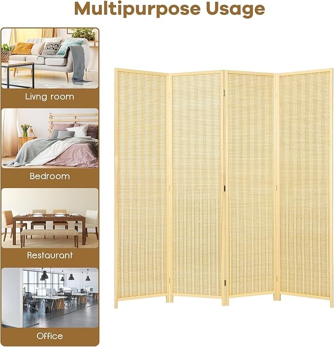 4 Panel Folding Bamboo Room Divider – Natural Privacy Screen for Bedroom