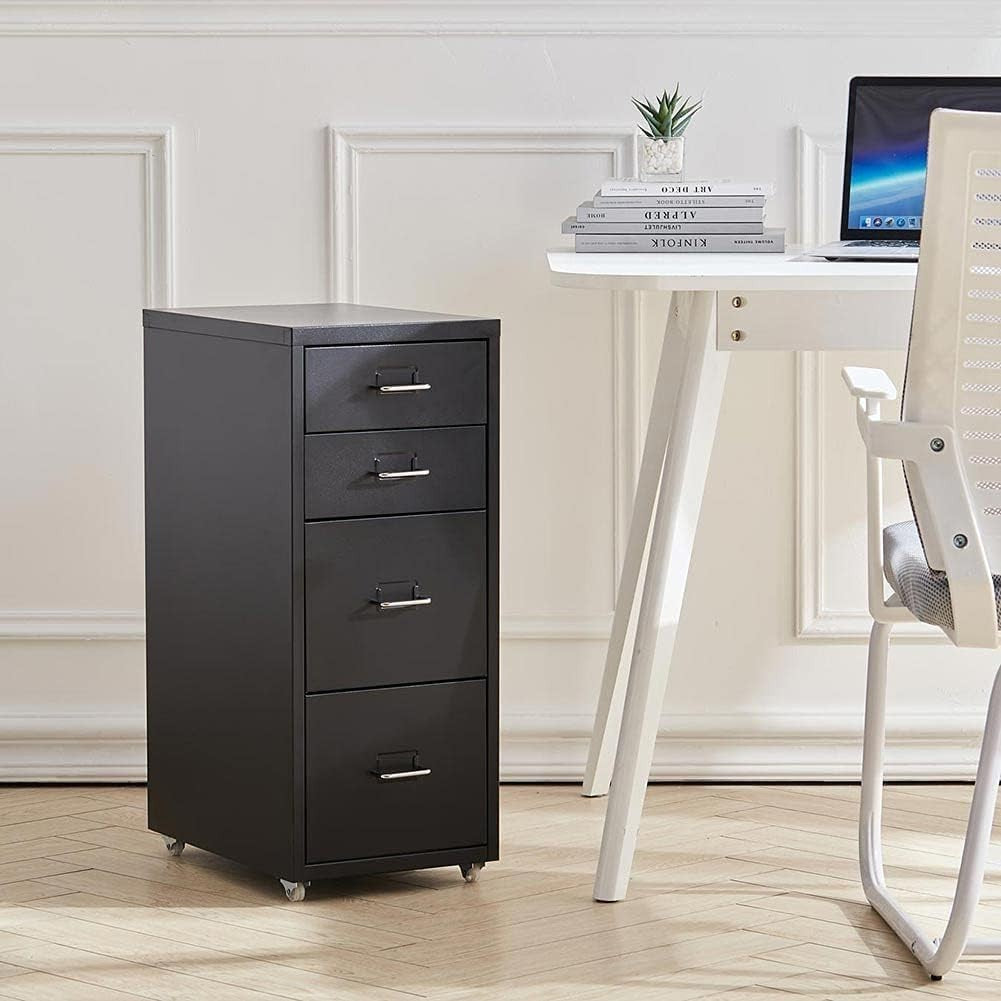 Slim Metal Rolling File Cabinet 4 Drawer Mobile Office Storage Black