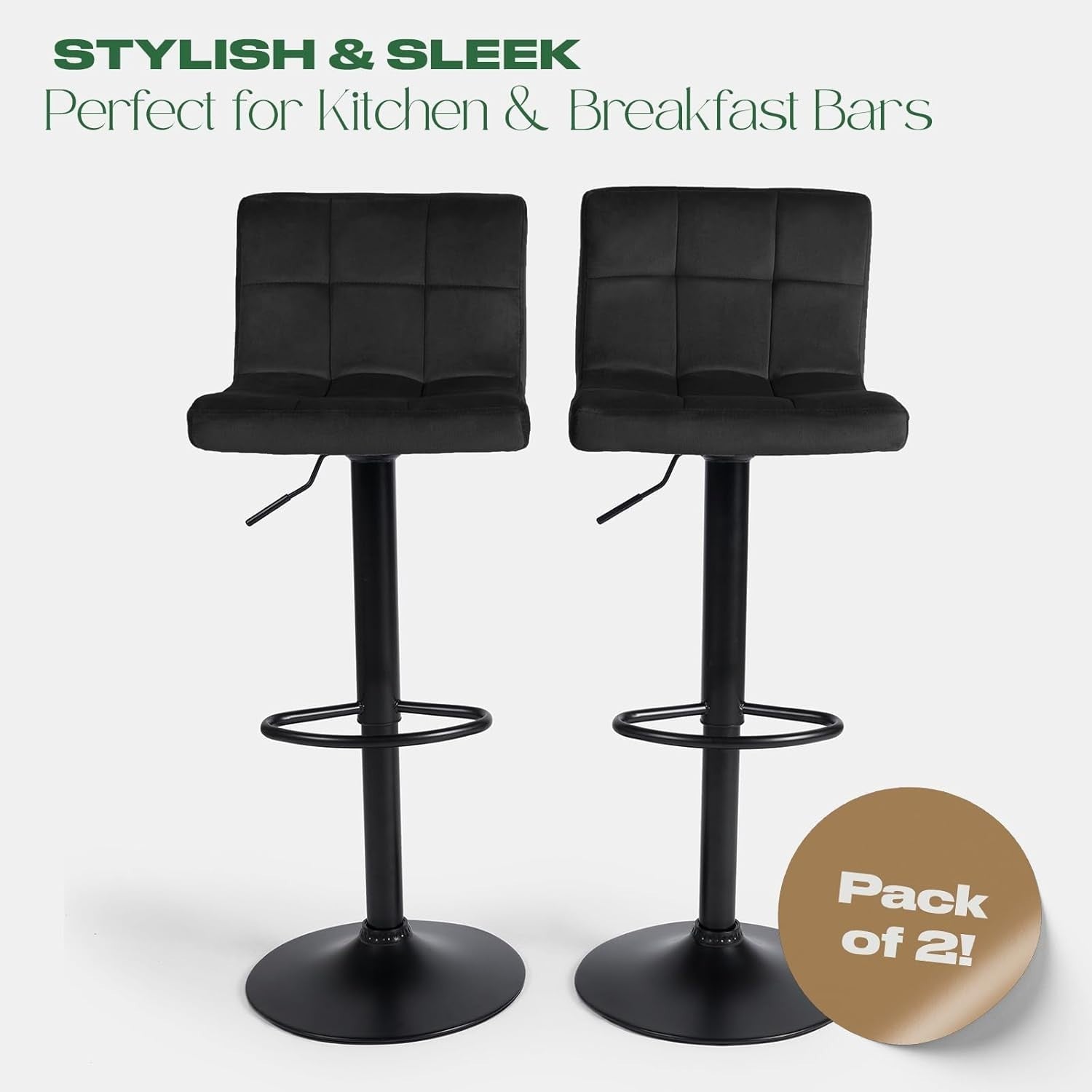 Set of 2 Adjustable Black Velvet Bar Stools with Swivel & Footrest