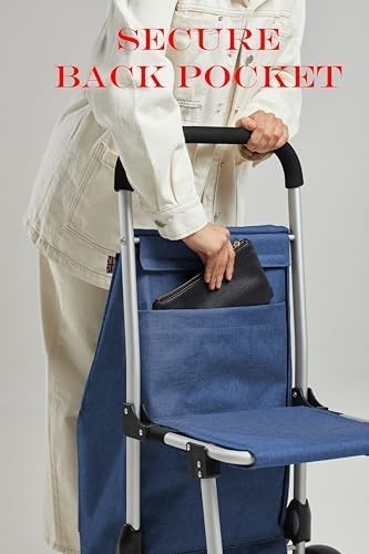 Blue Aluminium Shopping Trolley with Seat & 50L Bag, Foldable Wheels