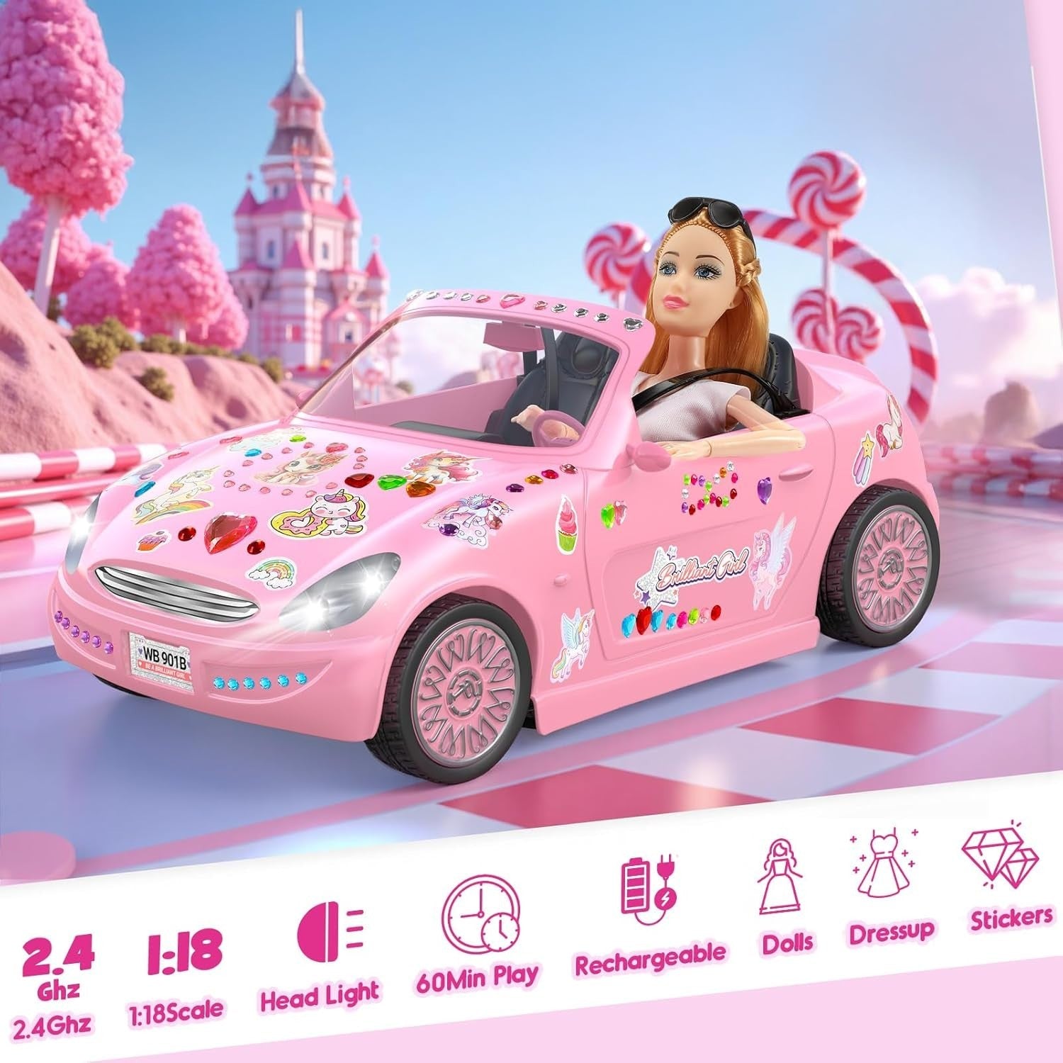 RC Car & Doll Toy Set for Girls – 10 Accessories, 3 Outfits & Stickers