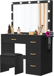 Black Vanity Set with Lighted Mirror Desk 4 Drawers Stool Power Outlet Station