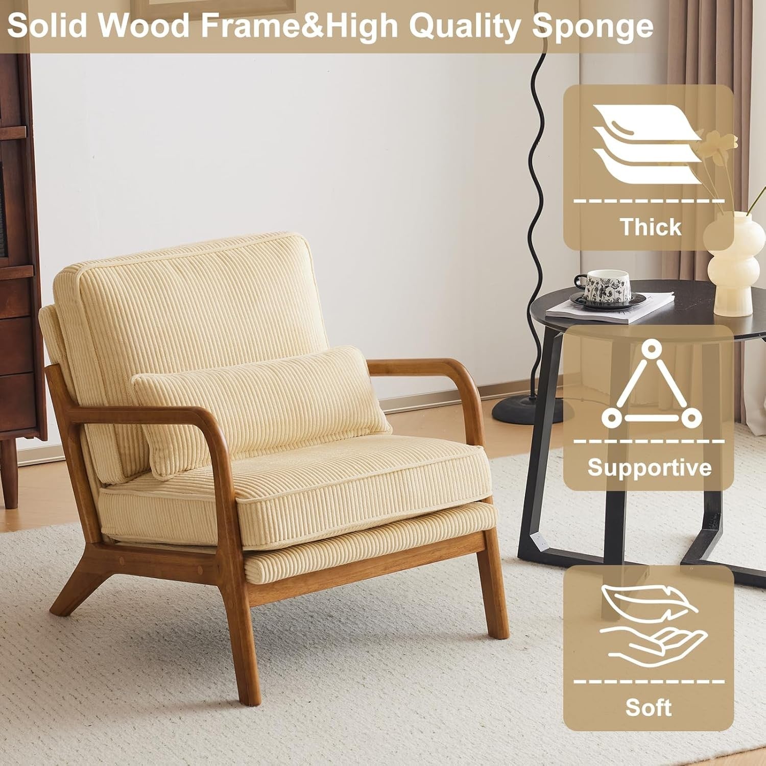 Dark Beige Corduroy Accent Chair – Solid Wood Lounge Armchair