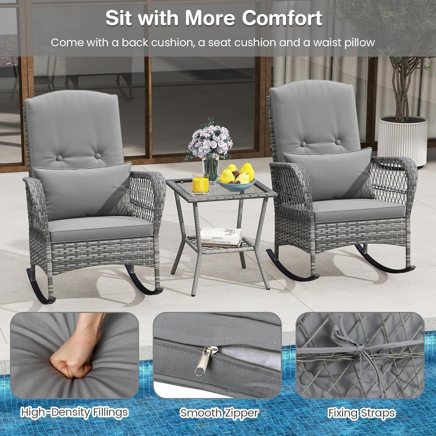 3pc Outdoor Rattan Rocking Bistro Set Cushioned Chairs Glass Table Patio