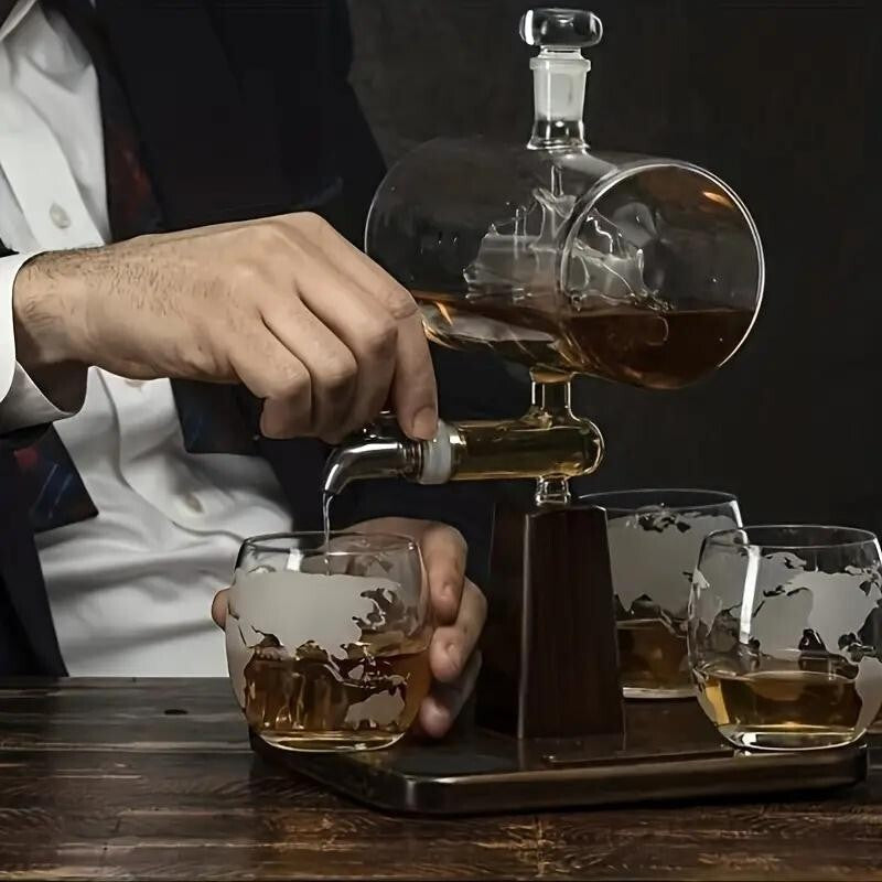 Luxury Globe Whiskey Decanter Set w/ Tap & 4 Glasses Bar Gift Home Party
