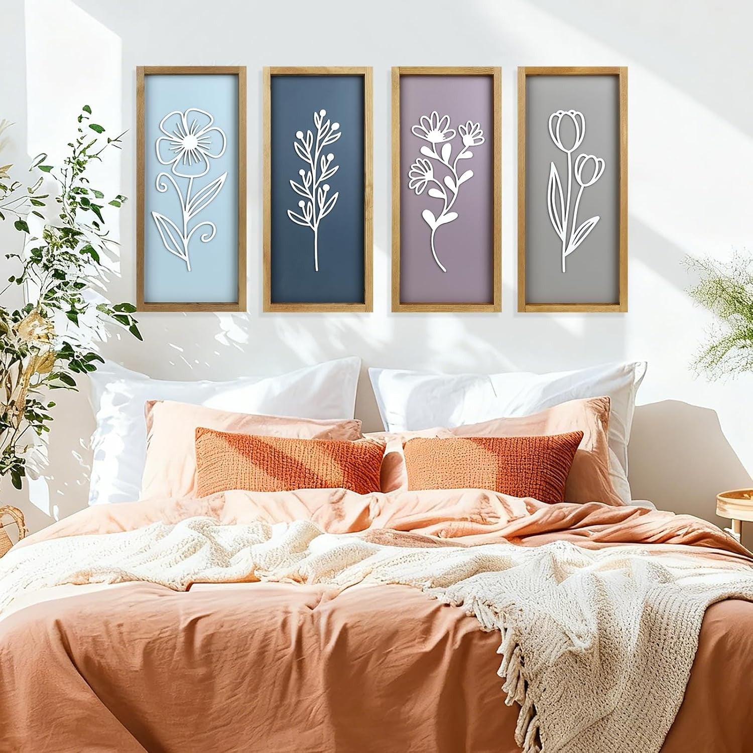 Large 3D Wooden Floral Wall Art Set of 4 Boho Framed Decor for Home
