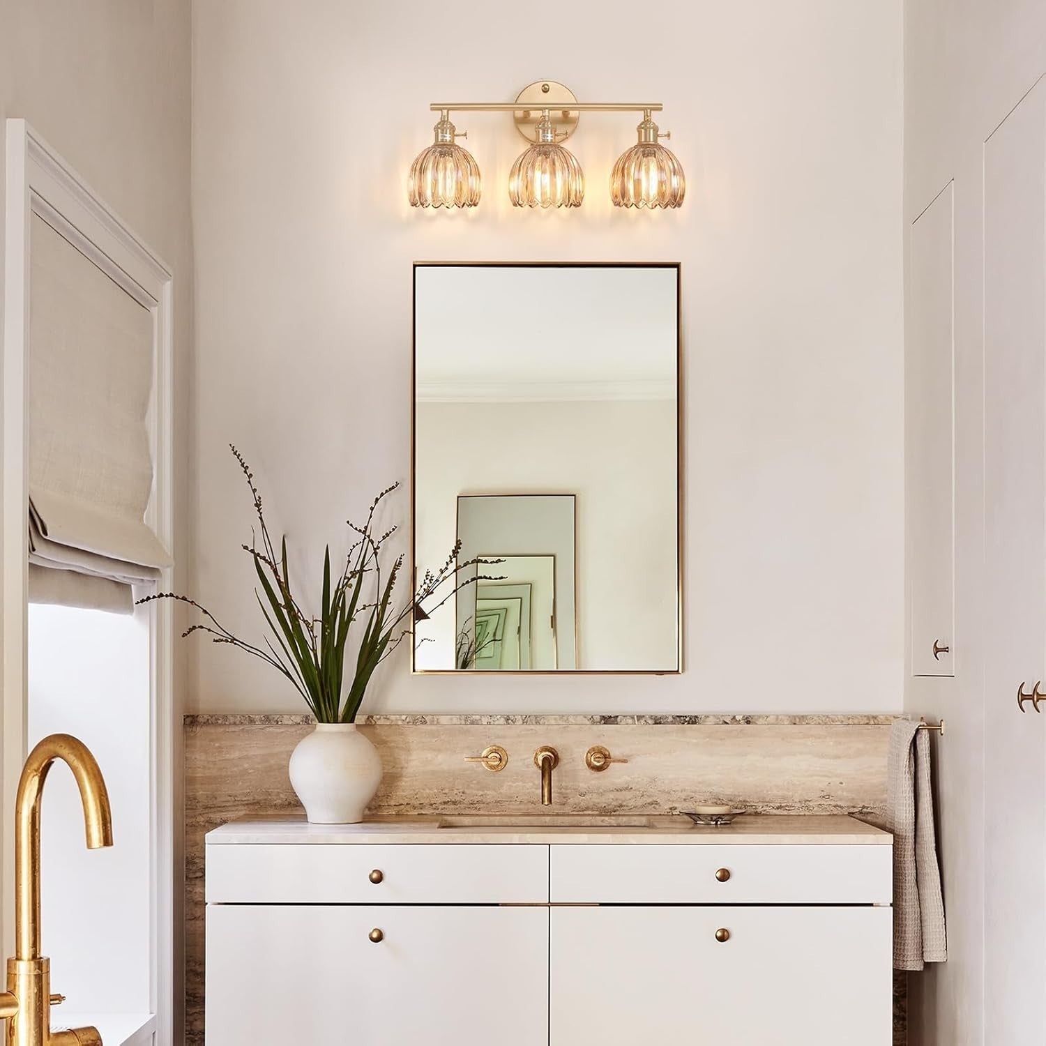 3-Light Amber Glass Wall Sconce Vanity Light Brass Fixture for Bathroom