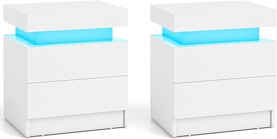 Set of 2 High Gloss LED Bedside Tables – RGB Lights, Remote Control & 2 Drawers