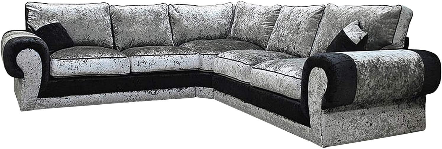 Modern Black Silver Crushed Velvet 5 Seater L-Shape Corner Sofa with Cushions