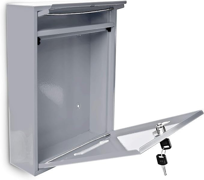 Wall Mounted Lockable Mailbox Silver Metal Secure Post Box 26.5x35x8.5cm