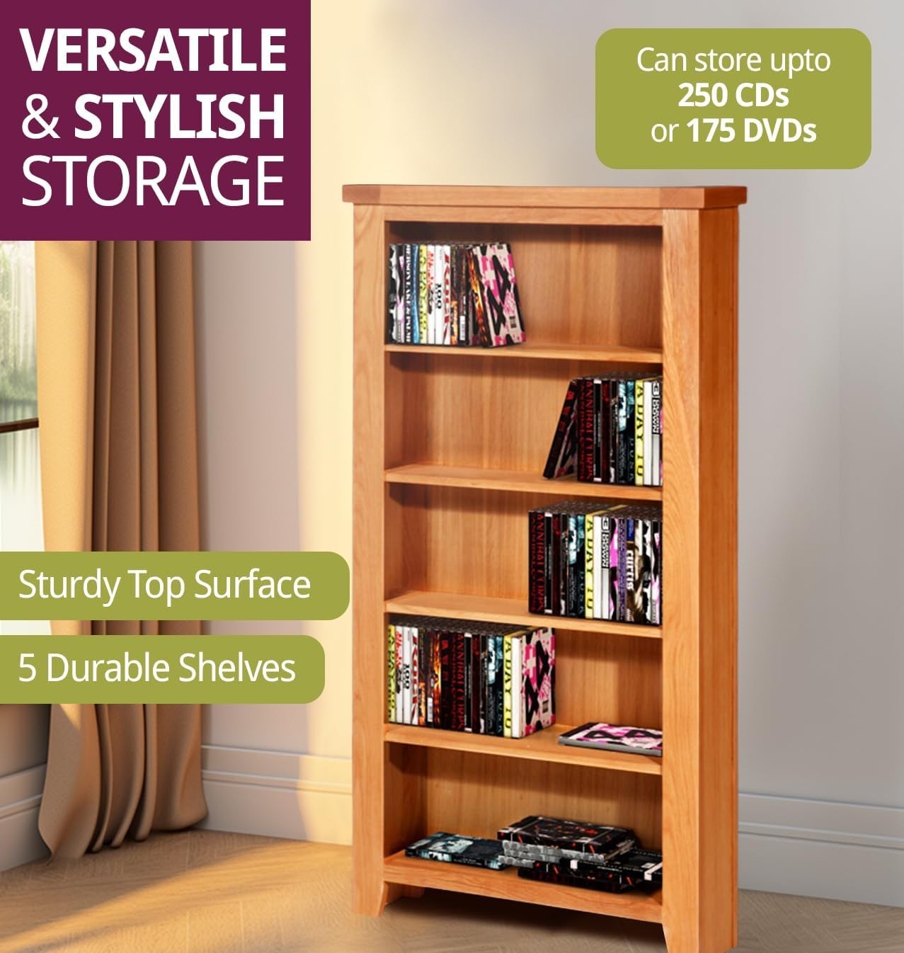 Solid Oak CD DVD Storage Unit 5 Tier Media Tower Holds 250 CDs