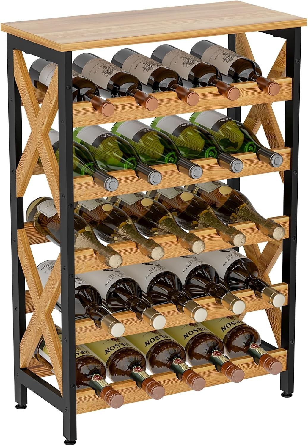 25 Bottle Wine Rack 5 Tier Rustic Floor Standing Storage Shelf with Wood Top Bar