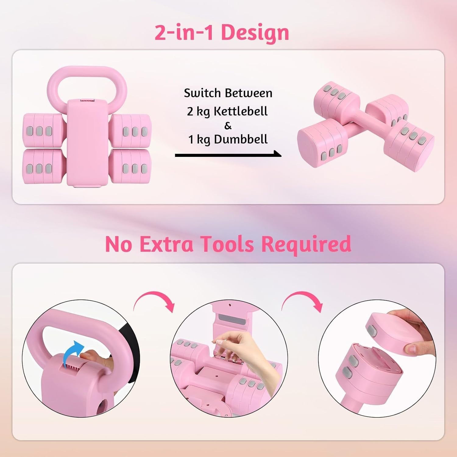 2-in-1 Adjustable Kettlebell Dumbbell Set 1–5kg Pink Home Gym