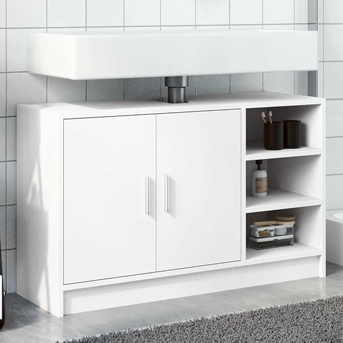 White Under Sink Bathroom Cabinet 90cm Modern Vanity Storage Unit with Shelves