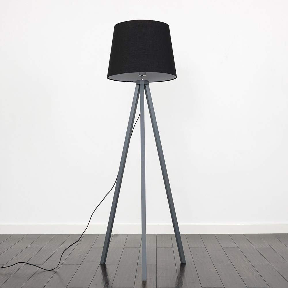 Grey Wooden Tripod Floor Lamp Black Tapered Shade Living Room Light